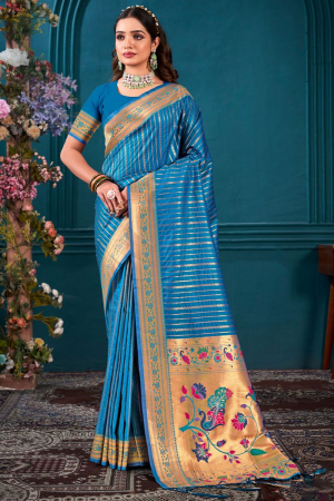Azure Blue Woven Paithani Silk Saree
