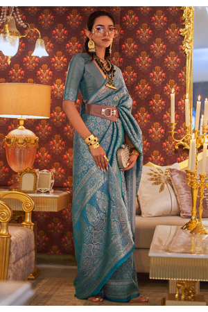 Azure Blue Zari Woven Handloom Silk Saree