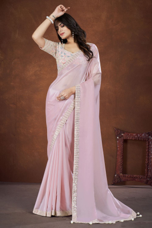 Baby Pink Crepe Satin Silk Saree with Readymade Blouse