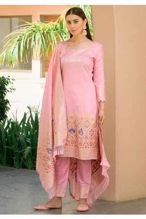 Baby Pink Paithani Zari Woven Banarasi Silk Pant Kameez