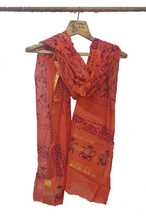 Tribal Design Purple Saffron Orange Zari Border Pure Cotton Dupatta