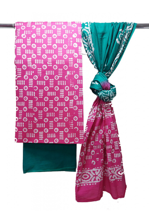 Handcrafted Tie and Dye Hand Block Printed Batik Geometric Design Pure Cotton Pink and Rama Green Dress Materials