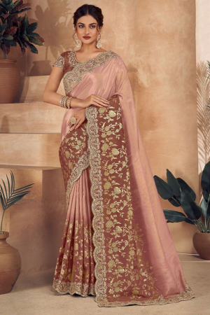 Beige and Chocolate Brown Embroidered Viscose Jacquard Designer Saree