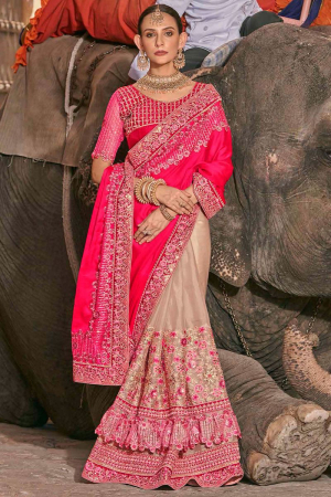 Beige and Hot Pink Heavy Wedding Wear Saree