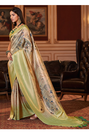 Beige and Pastel Green Woven Soft Jacquard Saree
