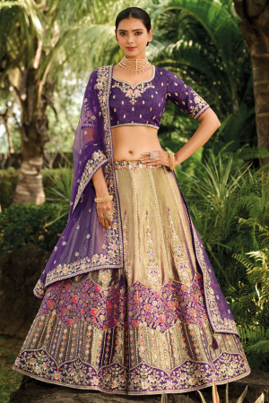 Beige and Purple Banarasi Silk Designer Lehenga Choli
