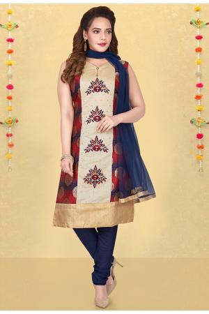 Beige and Red Readymade Churidar Kameez Suit