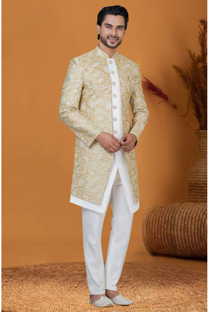 Beige and White Jacquard Silk Indo Western Outfit