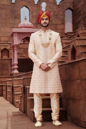 Beige Art Silk Designer Sherwani