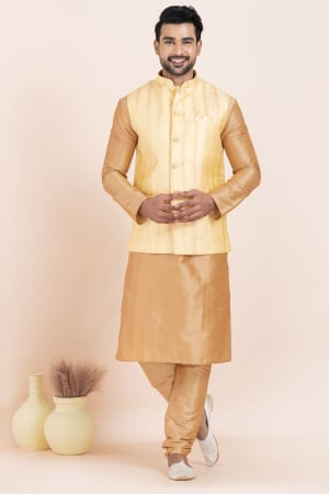 Beige Banarasi Silk Kurta Pyjama Set with Jacket for Ceremonial