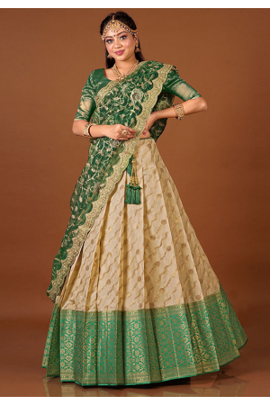 Beige Banarasi Silk Zari Weaving Lehenga Choli Set