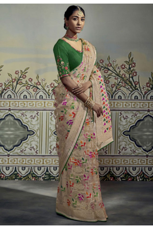 Beige Brasso Saree with Embroidered Blouse