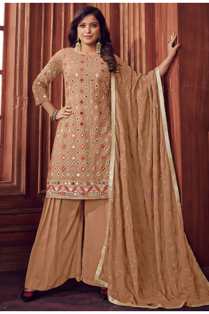 Beige Brown Embroidered Faux Georgette Palazzo Kameez