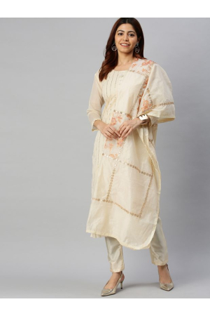 Beige Chanderi Pant Kameez Suit