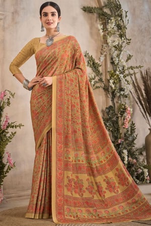 Beige Digital Print Silk Crepe Saree