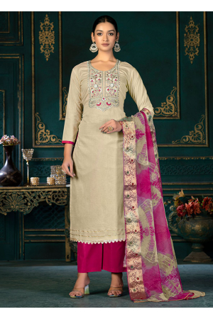 Beige Embroidered Cambric Cotton Trouser Kameez