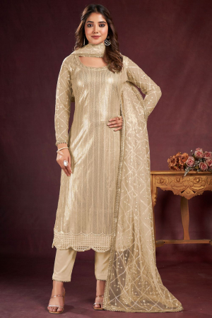 Beige Embroidered Net Plus Size Suit