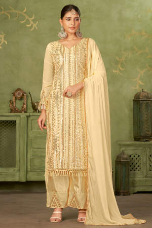 Beige Georgette Embroidered Palazzo Suit