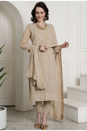 Beige Georgette Embroidered Party Wear Suit