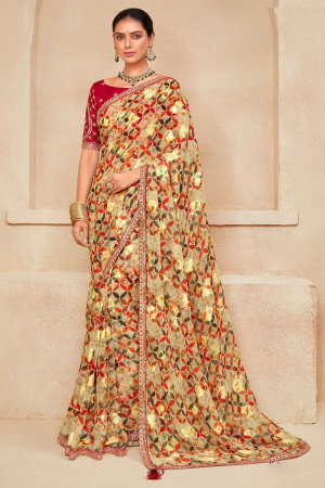 Beige Georgette Saree with Embroidered Blouse