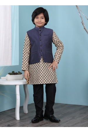 Beige Handloom  Silk Kurta Pyjama Set with Jacket
