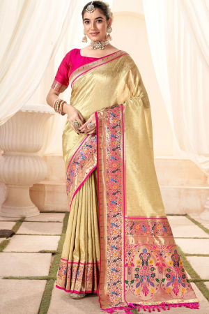 Beige Handloom Paithani Tissue Silk Saree