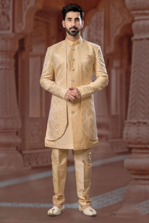 Beige Heavy Wedding Wear Indo Sherwani