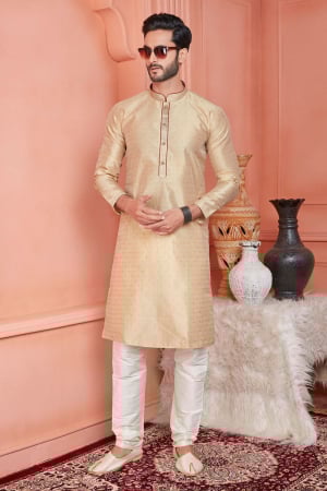Beige Jacquard Banarasi Silk Kurta Set for Festival