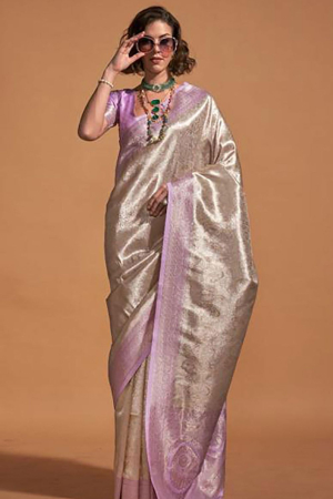 Beige Kanjivaram Silk Hand Woven Saree