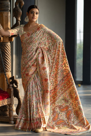 Beige Kashmiri Work Modal Silk Saree