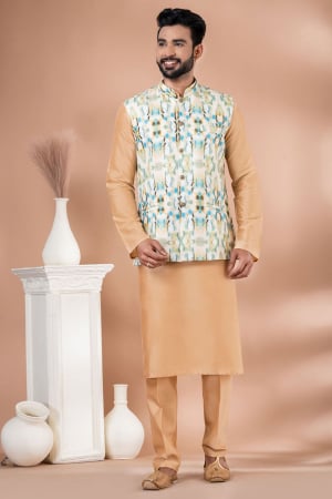 Beige Kurta Pyjama Set with Jacket