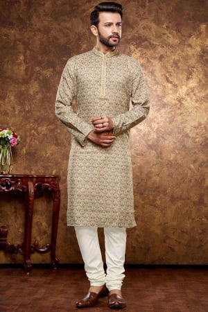 Beige Printed Cotton Kurta Set