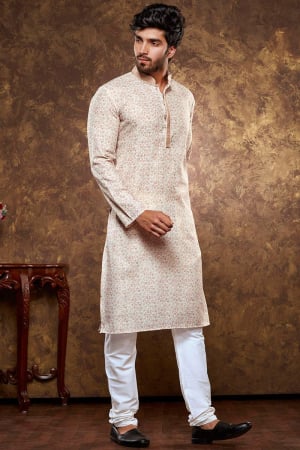 Beige Printed Cotton Kurta Set