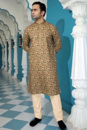 Beige Printed Polyester Kurta Set