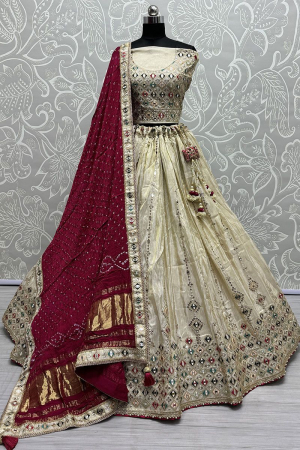 Beige Pure Gadhwal Silk Handwork Bridal Lehenga Choli