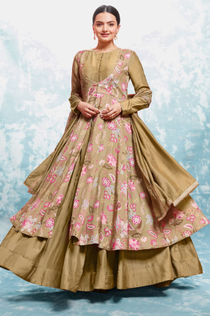 Beige Readymade Gown with Dupatta