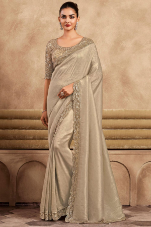 Beige Silk Saree with Embroidered Blouse