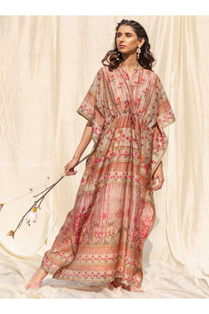 Beige Soft Silk Digital Printed Kaftan Gown