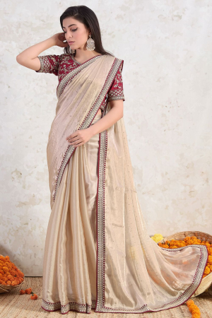 Beige Tissue Saree with Embroidered Blouse