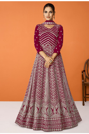 Berry Red Embroidered Georgette Anarkali Suit