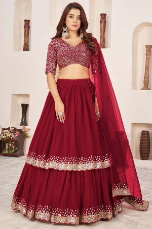 Berry Red Embroidered Georgette Lehenga Choli for Ceremonial