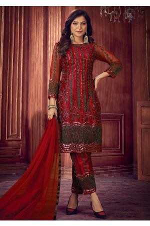 Berry Red Sequins Embroidered Net Pant Kameez