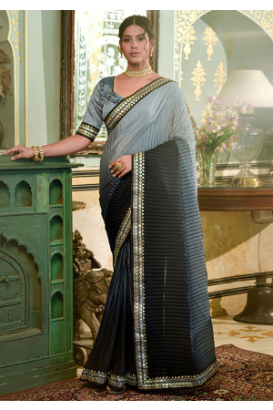 Black and Grey Embellished Chinnon Saree
