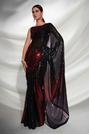 Black and Red Georgette Party Wear Saree