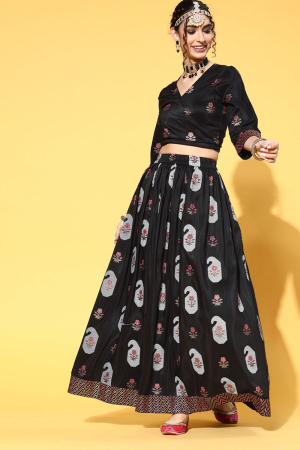 Black Color Foil Print Flared Kurta With Skirt Set