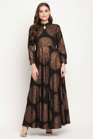 Black Crepe Copper Foil Print Dress
