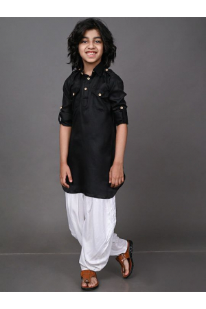 Black Dupion Silk Kids Pathani Kurta Set