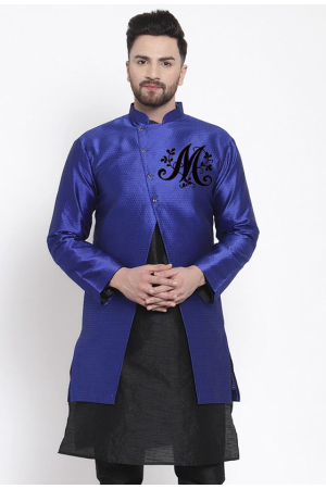 Black Dupion Silk Kurta with Blue Jacket