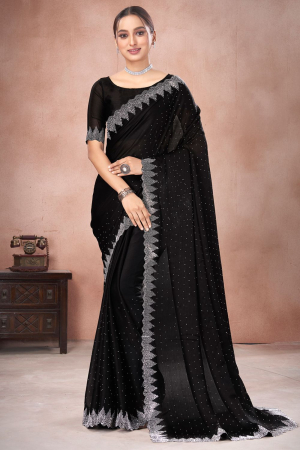 Black Embellished Satin Chiffon Saree