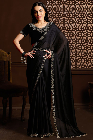 Black Embellished Satin Silk Chiffon Saree